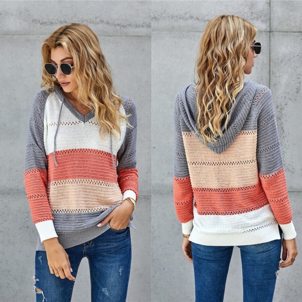 #5 Grey Orange Color Block Knit Pullover Hoodie Top